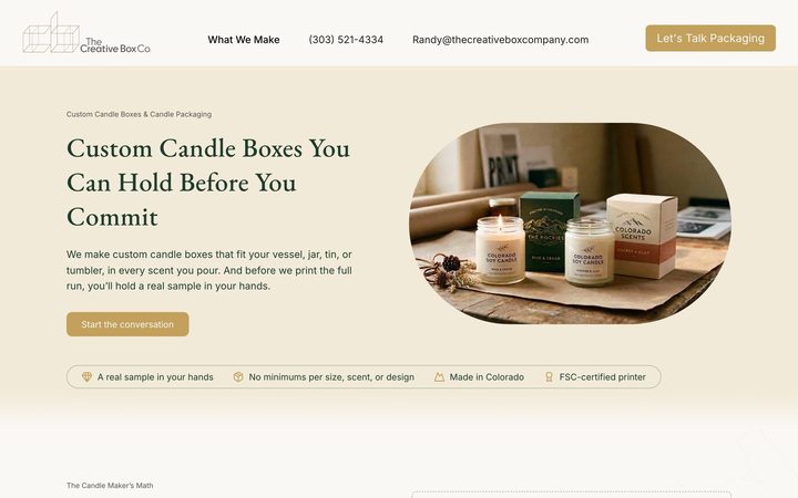 The Creative Box Company&rsquo;s website on a desktop: the Custom Candle Boxes page