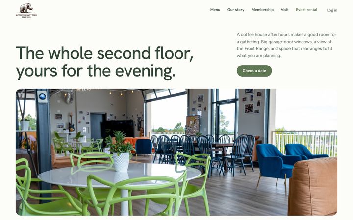 Happy Crew Coffee House&rsquo;s website on a desktop: the event page, &ldquo;The whole second floor, yours for the evening&rdquo;