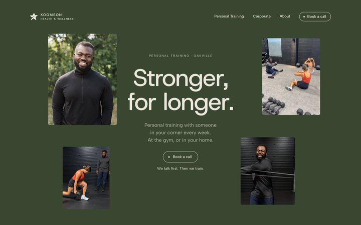 Koomson Health & Wellness’s website on a desktop: the home page, “Stronger, for longer.”, with four of Doug’s own photos