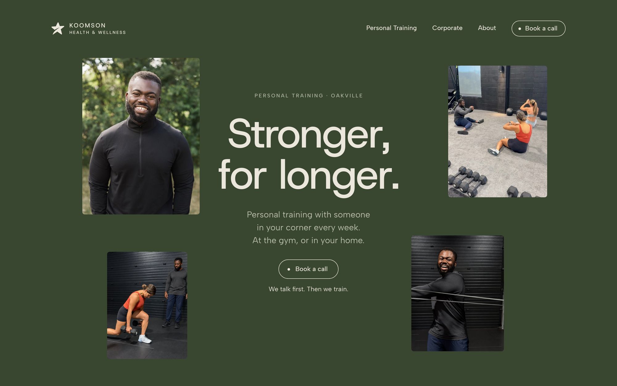 The Koomson Health & Wellness home page on a desktop: “Stronger, for longer,” between four photos of Doug and his clients