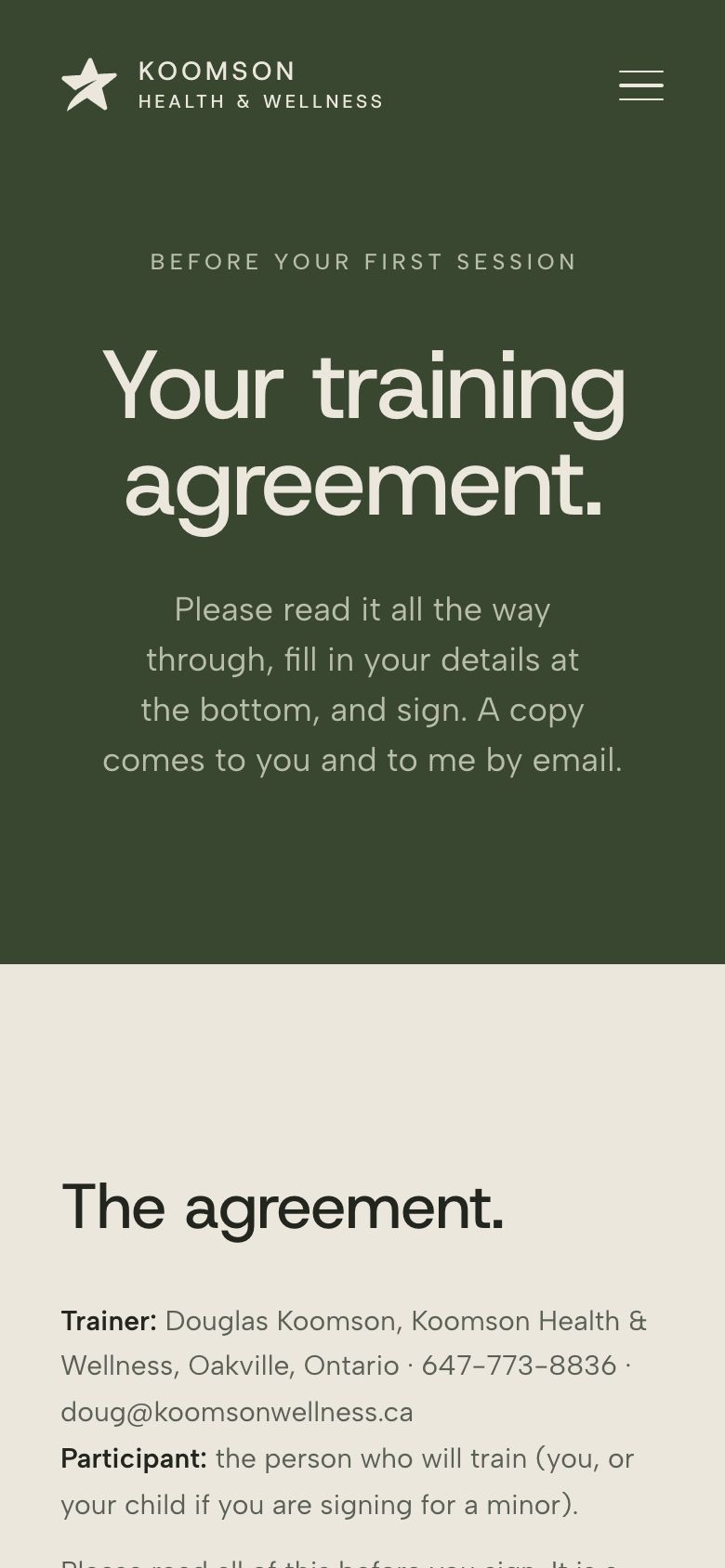 His training agreement on a phone: “Your training agreement.” Read it, fill in your details and sign; a copy comes by email